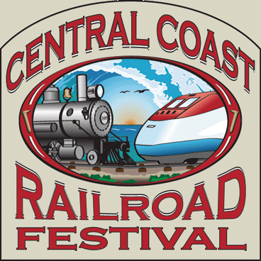 Graphic for the Central Coast Railroad Festival, showing an old locomotive and a newer train in front of the California coast.