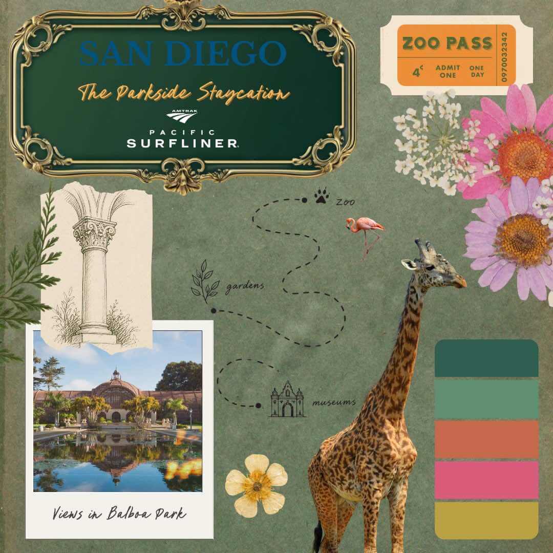 San Diego staycation mood board featuring Balboa Park, San Diego Zoo, and gardens for a car-free California trip.