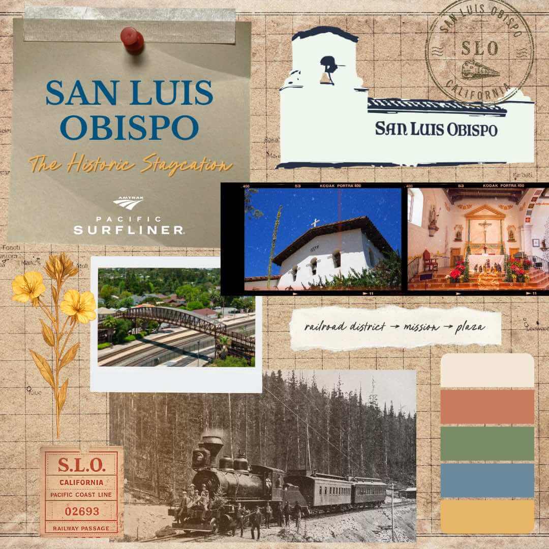 San Luis Obispo staycation mood board featuring the Railroad District and Mission for a car-free California trip.
