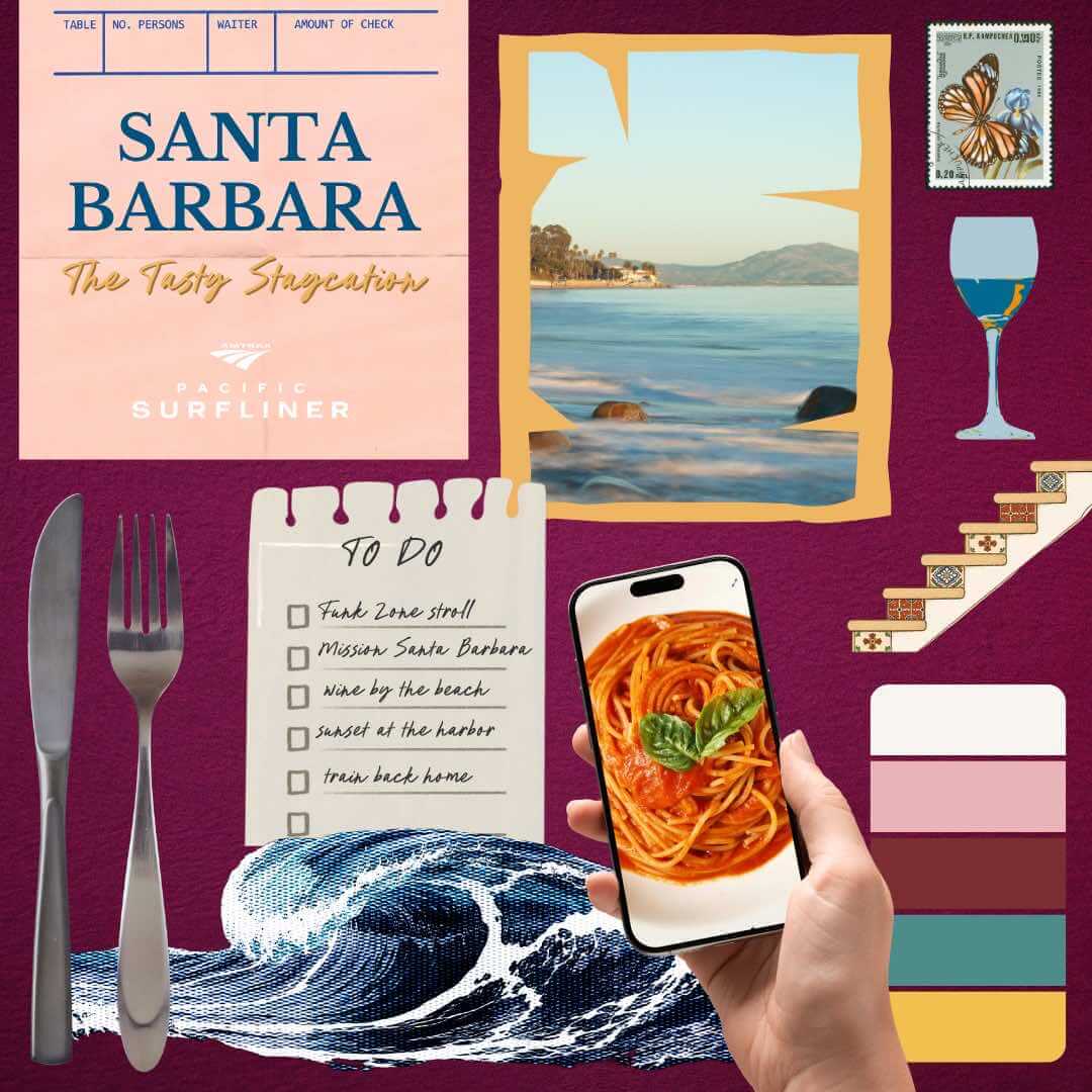 Santa Barbara staycation mood board with Funk Zone wine, food, and art for a car-free California train trip.