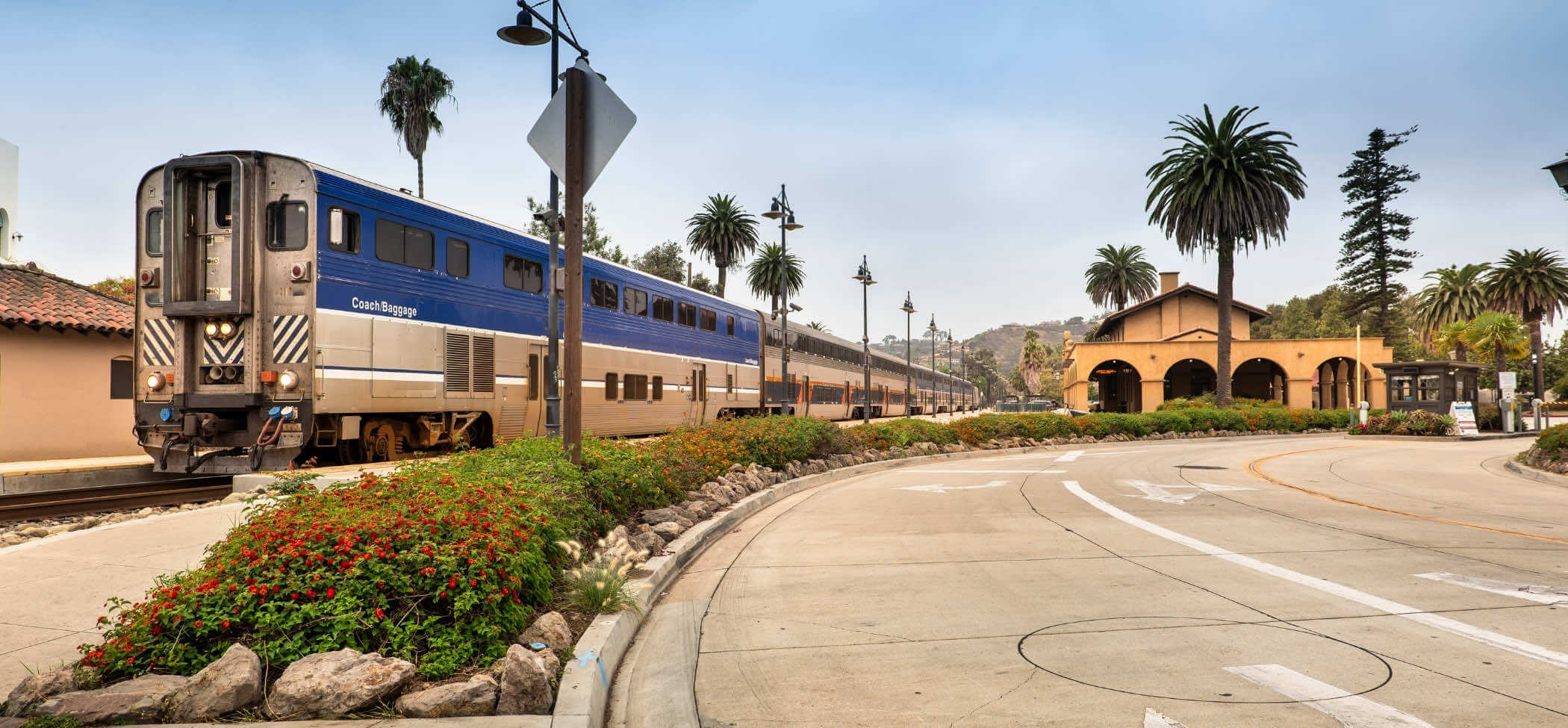 Pacific Surfliner passenger train at Santa Barbara Station, highlighting car-free and environmentally friendly travel in California.