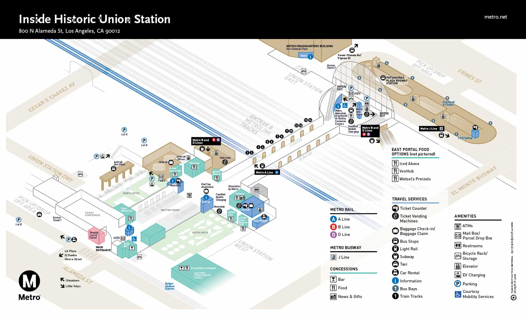 Los Angeles Union Station map showing Amtrak and Pacific Surfliner train tracks, Metro connections, dining, parking, and passenger amenities.