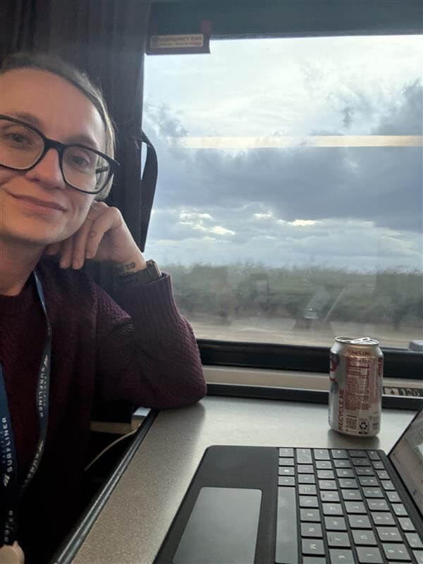 A woman with a laptop in a train carriage.