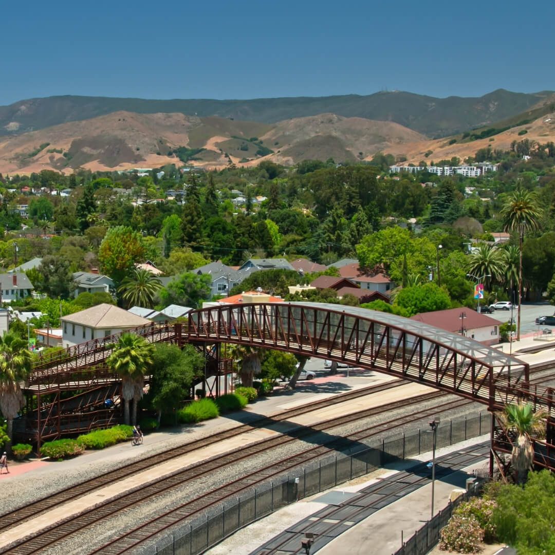 A colorful bird’s eye perspective of San Luis Obispo’s Railroad District.